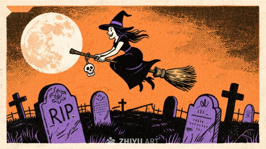 月夜墓地上的女巫飞行