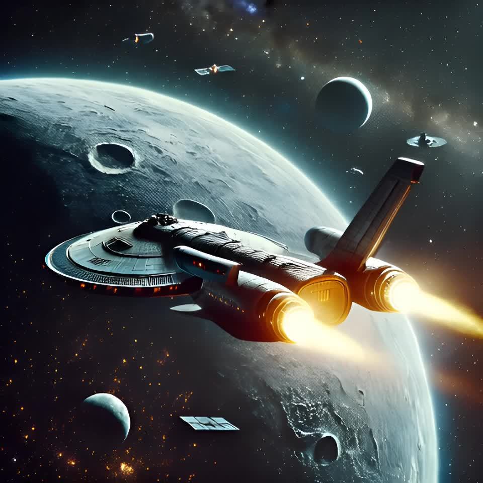一艘光滑的星际飞船在宇宙中翱翔，引擎发出耀眼的光芒