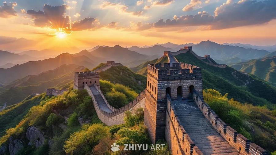 绵延起伏的山脉，山峰轮廓在金色的日落余晖中逐渐显现