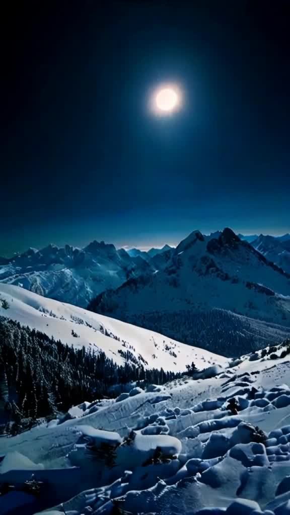 夜空中有一个发光的月亮和闪烁的星星。下面，白雪皑皑