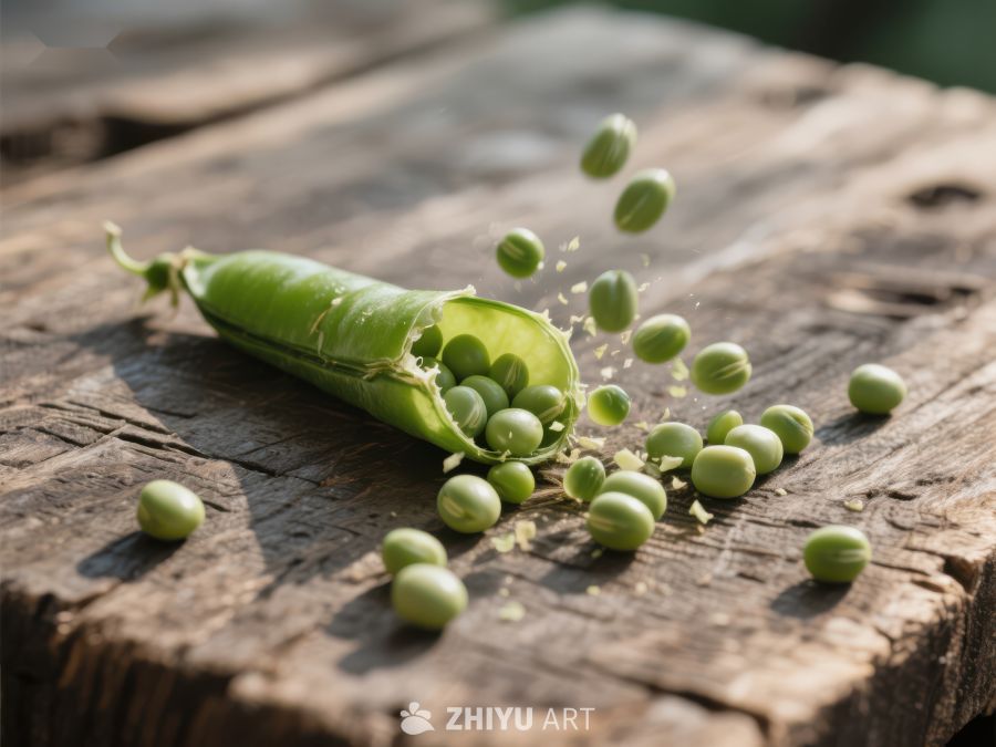 新鲜豌豆荚破裂，豌豆散落木板 532