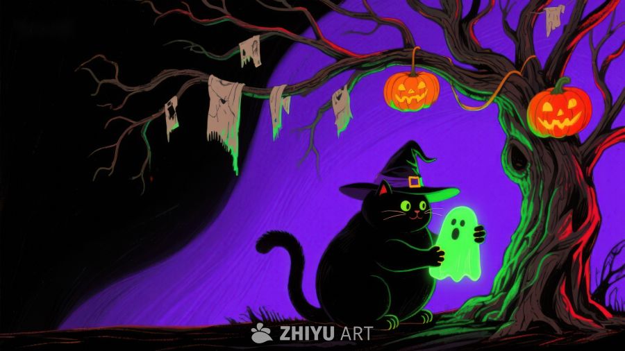 万圣夜黑猫与幽灵的神秘树下