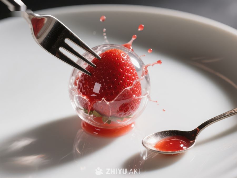 叉子轻挑草莓，汁液四溅瞬间