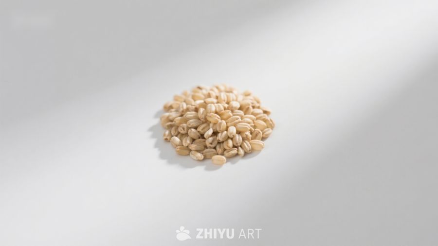 一堆小麦粒静置于光影交错的平面上