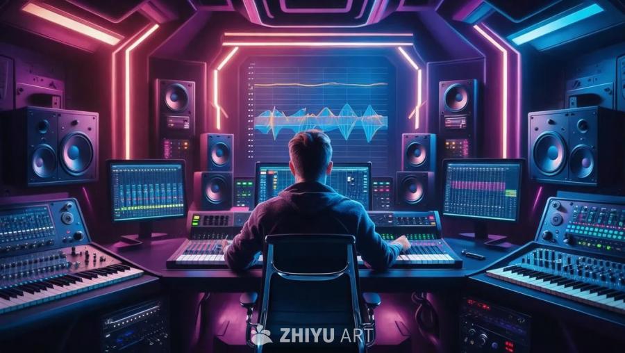 一个人坐在录音室的桌子旁。录音室内有多个显示器，显