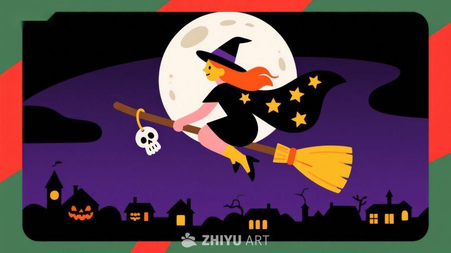 万圣夜巫女骑扫帚飞过满月