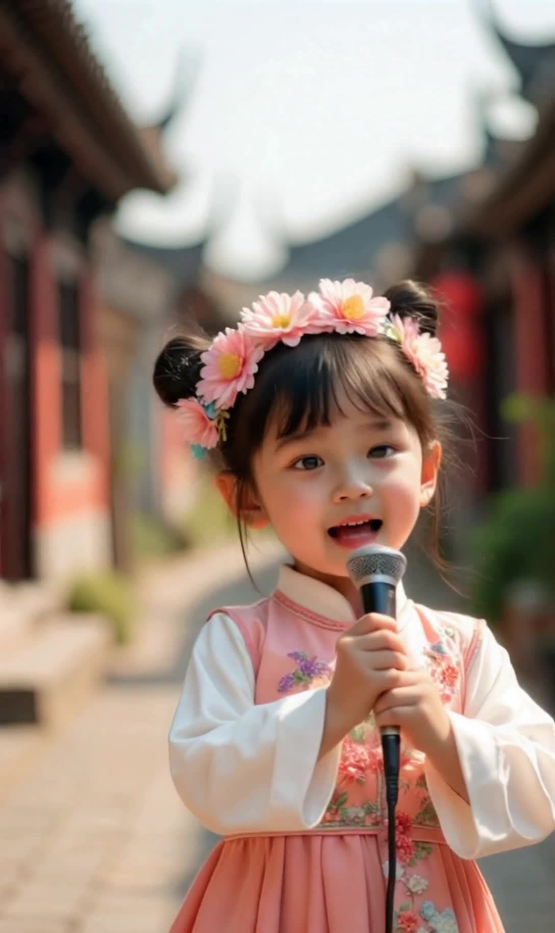一个留着黑色短发的小女孩站在户外，她的头发上戴着由