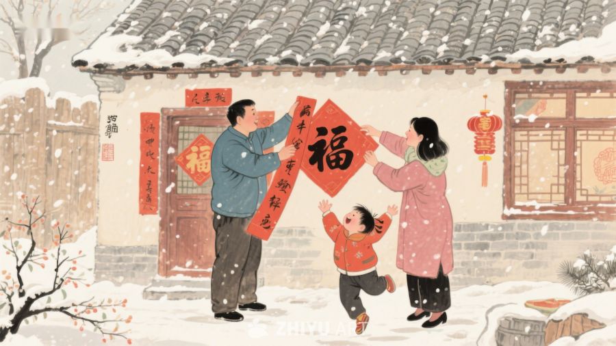 雪中贴福字，家庭迎新春 122