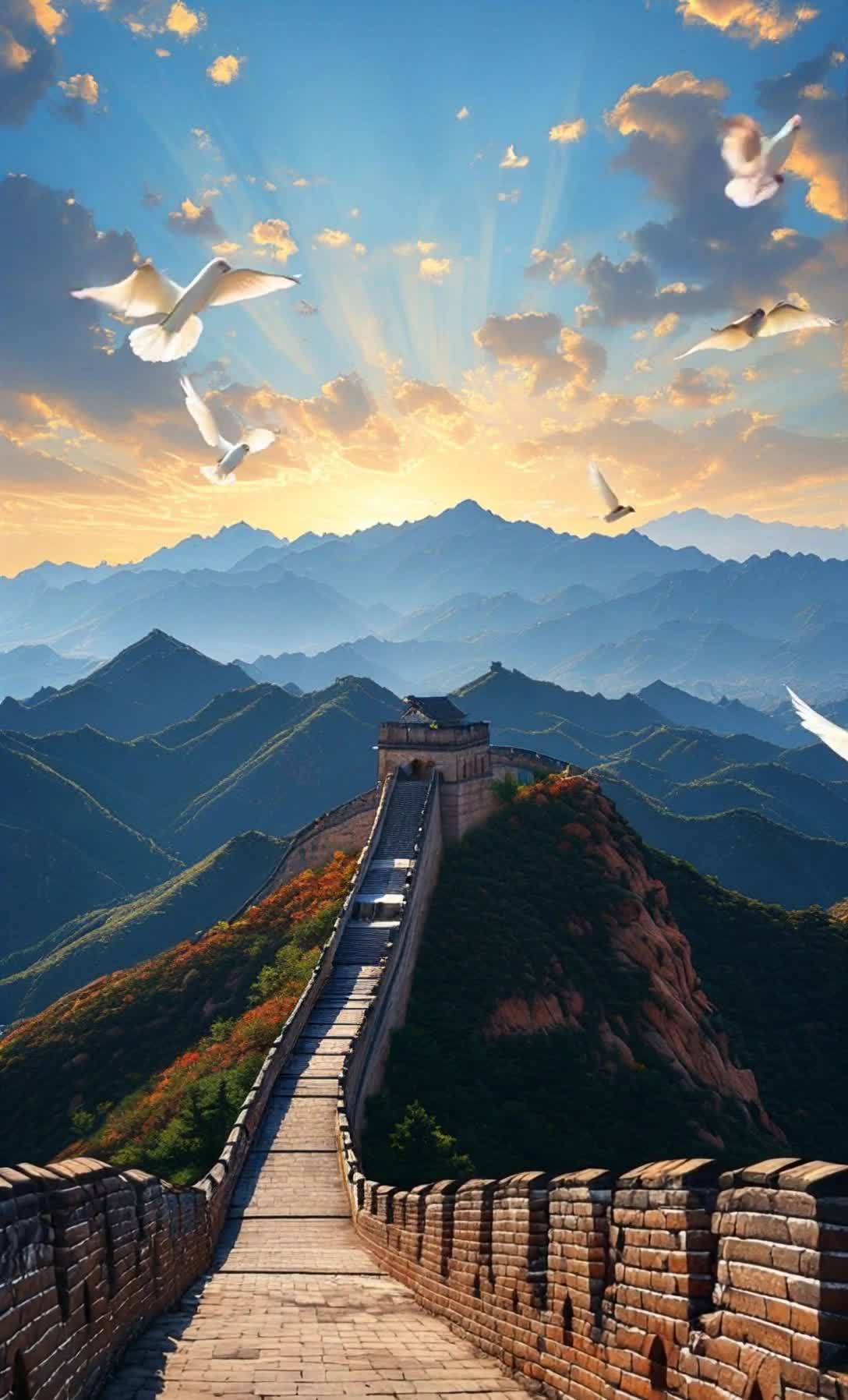 天空湛蓝，阳光倾泻而下，几只白鸽在空中飞翔。远景是