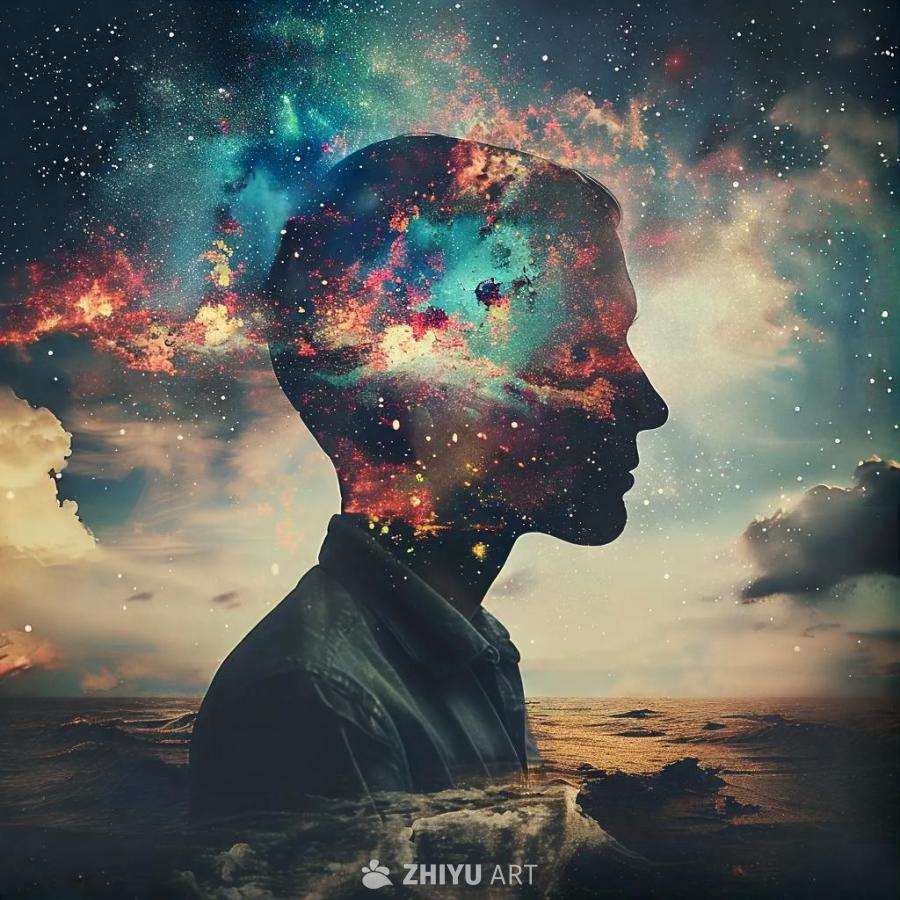 一个男人的侧脸轮廓，其头部内部呈现出宇宙星空的景象