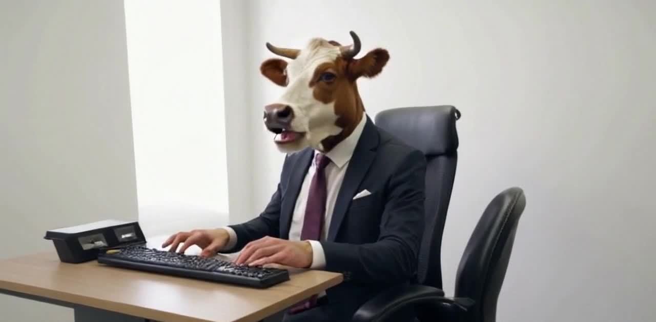一只牛头人身的穿着职业服装的男性坐在工位上。他坐在