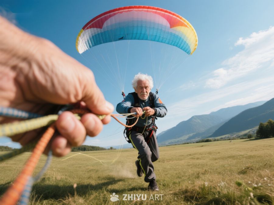 老人在山间草地进行滑翔伞运动 535