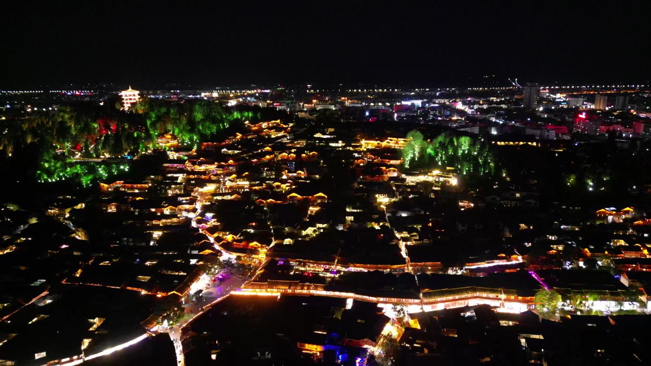 航拍云南丽江古城5A景区夜景