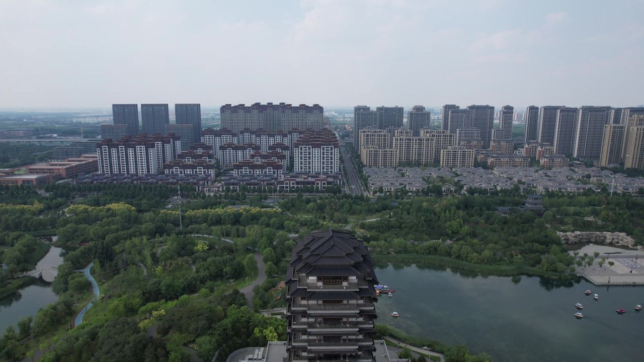  山东淄博齐盛湖公园海岱楼航拍