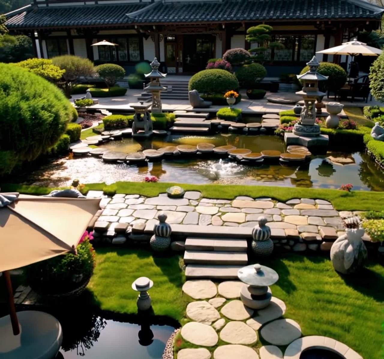 日式庭院风景，精致花园和房屋全景展示