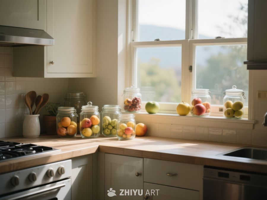 窗边厨房，水果罐头与自然光 185