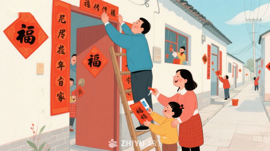 家庭张贴春联，迎接新年 591