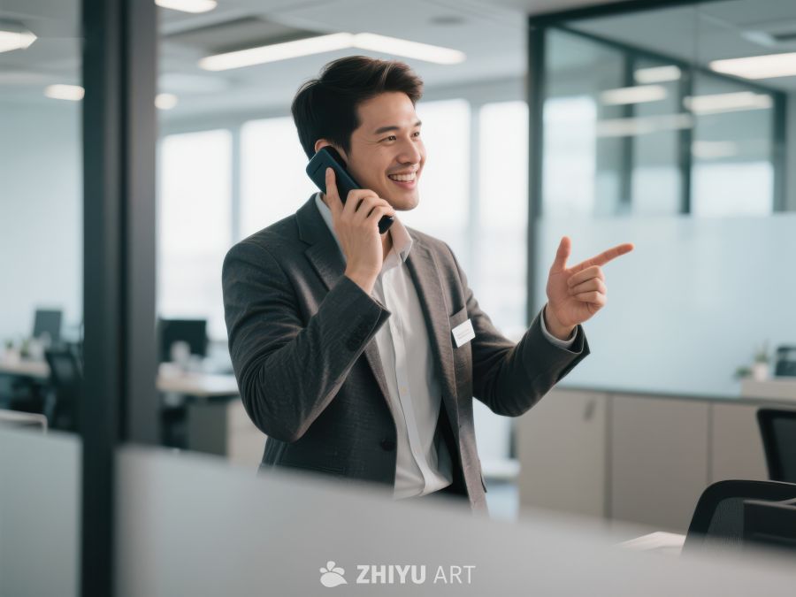 商务人士办公室内通话并指向一侧 308