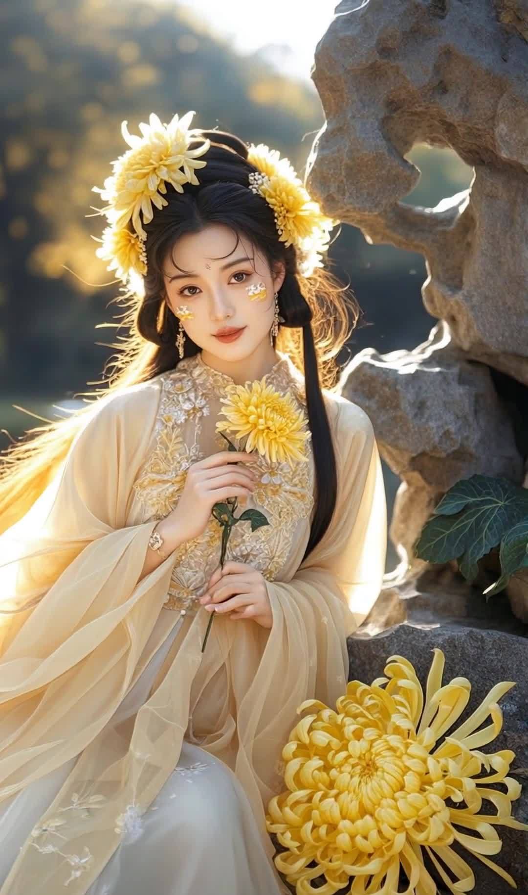 古装女子持黄菊，妆容精致，氛围明亮唯美。