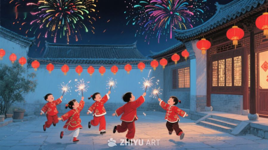 孩童欢庆，烟花绽放夜 255