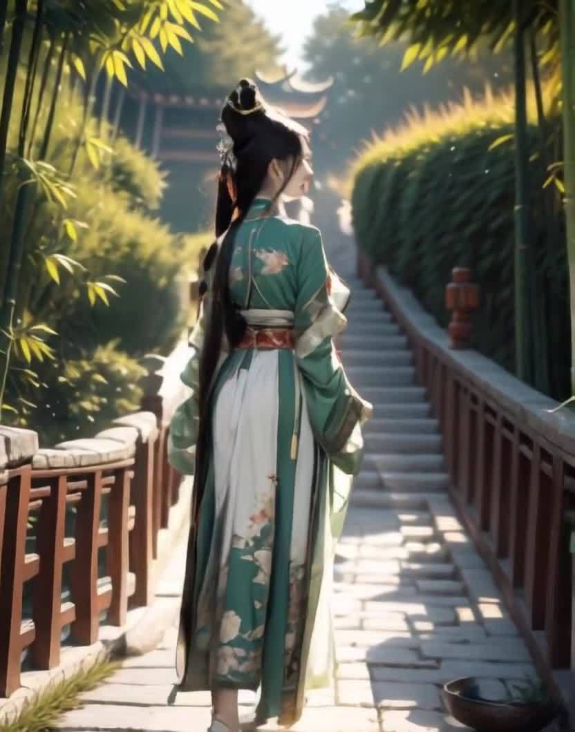 着汉服的女子在竹林小道上回望，朦胧意境。