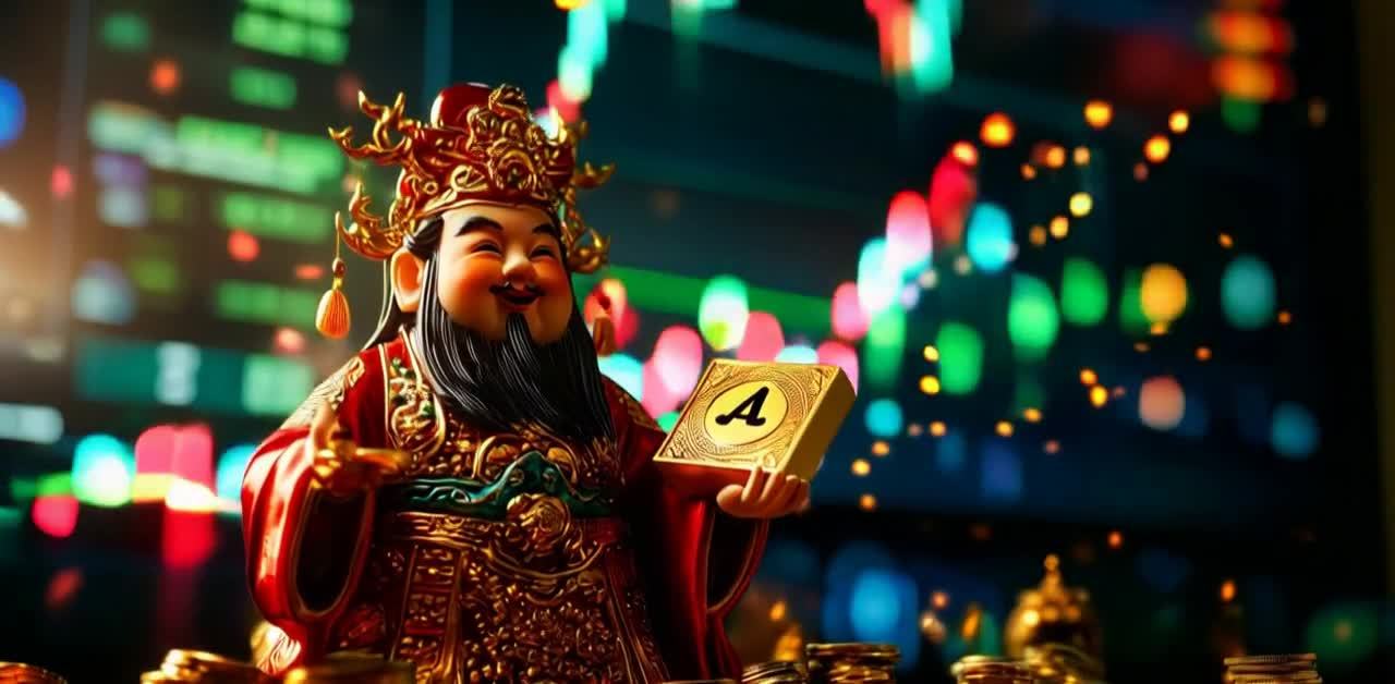 财神爷身穿红色金纹长袍，头戴金冠，面带微笑，手中拿