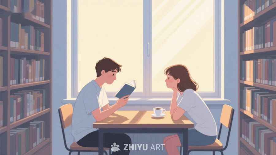 图书馆内两人共读温馨场景 316