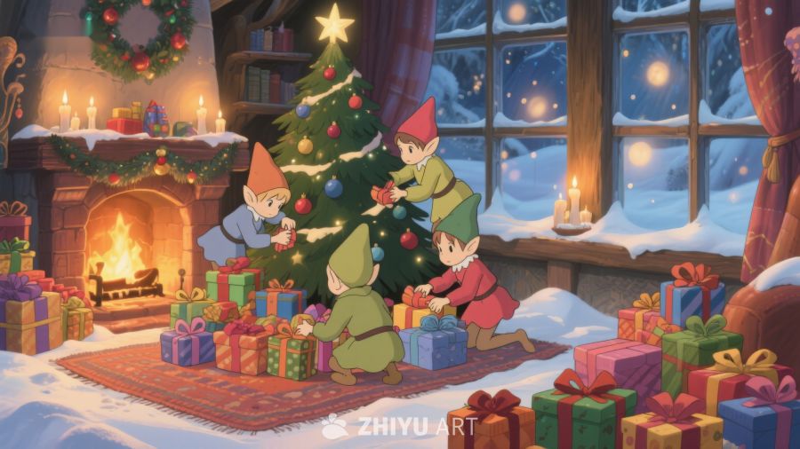 圣诞精灵围绕树下礼物 175