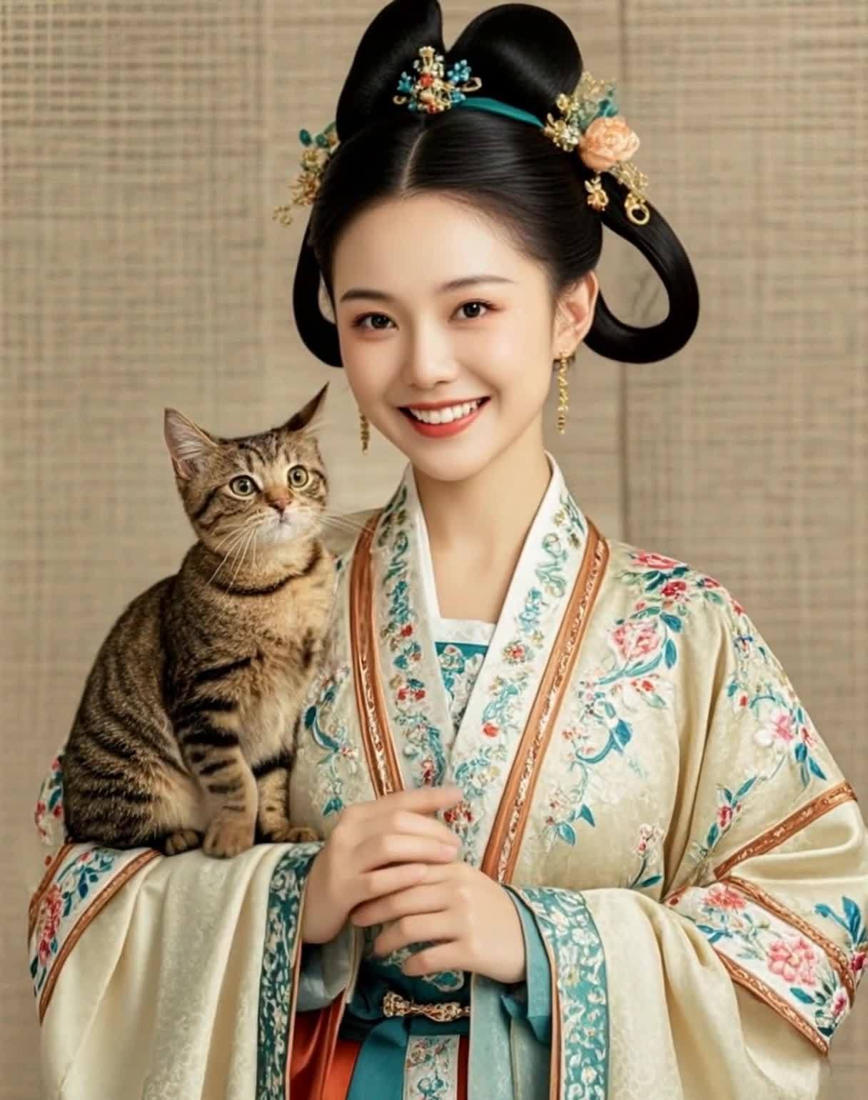 汉服女子肩扛虎斑猫微笑凝视前方
