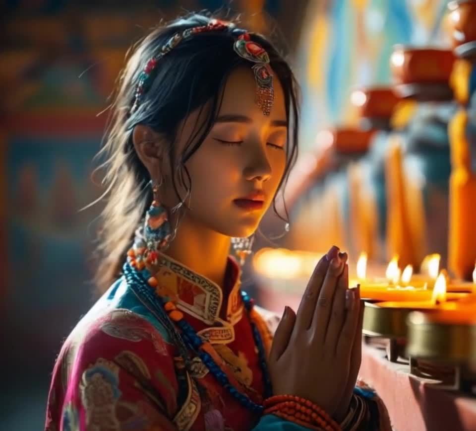 一位身穿藏族服饰的女性，双手合十，双眼紧闭，正在寺
