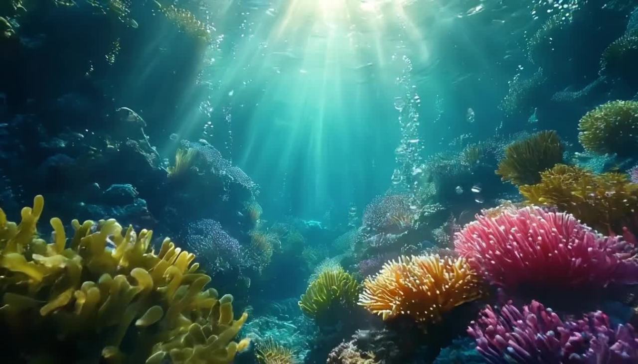 在深海之下，周围环绕着发光的气泡，还有色彩鲜艳的珊
