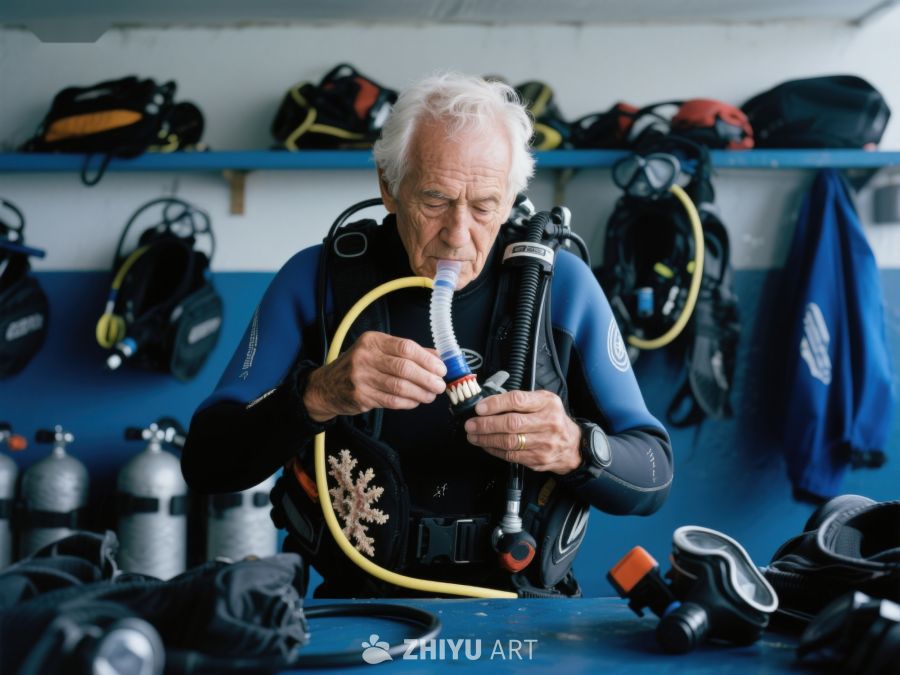 潜水员检查呼吸器装备 686