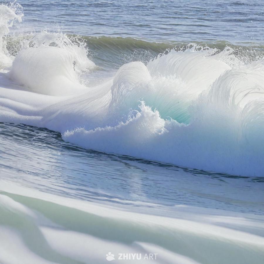 海面上有一个巨大的海浪，浪花呈现白色泡沫状。海浪拍