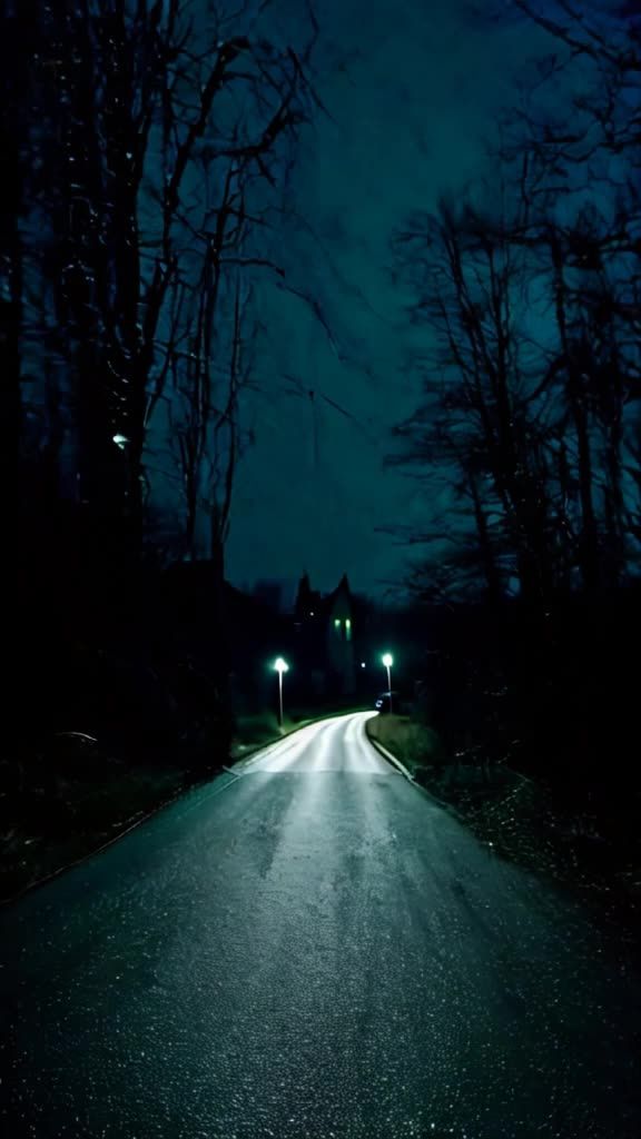 夜晚一条荒凉的道路，捕捉到了诡异而神秘的气氛，非常适合恐怖故事的开始。这条道路被月光和远处街灯柔和的光芒照亮，延伸到黑暗中，两旁是高大的扭曲树木，似乎在低语秘密。远处有一座破旧废弃的大厦，窗户被阴影笼罩，增添了预兆感。一辆孤独的车，车头灯划破了黑暗，向大厦驶去，预示着一段难忘的未知之旅。如果需要更多图像或调整，请告诉我！