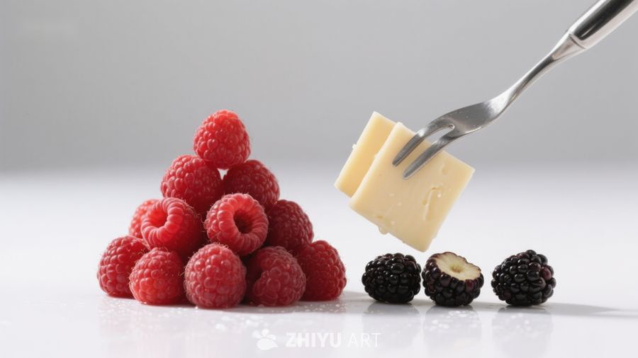 叉子夹奶酪与莓果堆叠