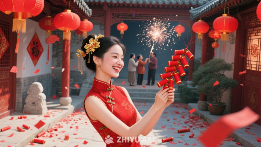 女子身着红色旗袍手持鞭炮庆祝节日 701