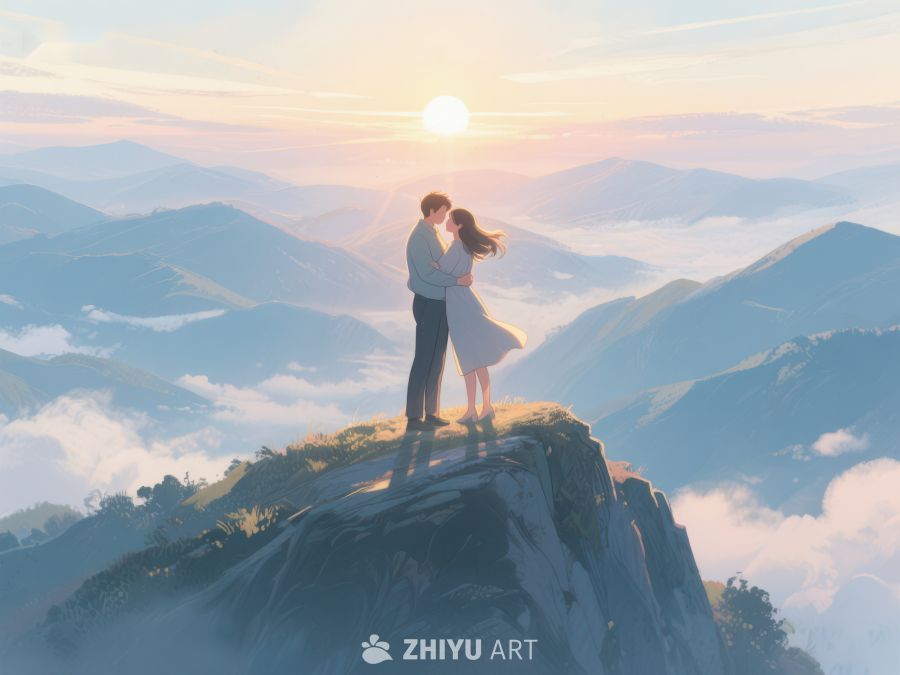 山顶情侣拥抱，云海日出美景 658