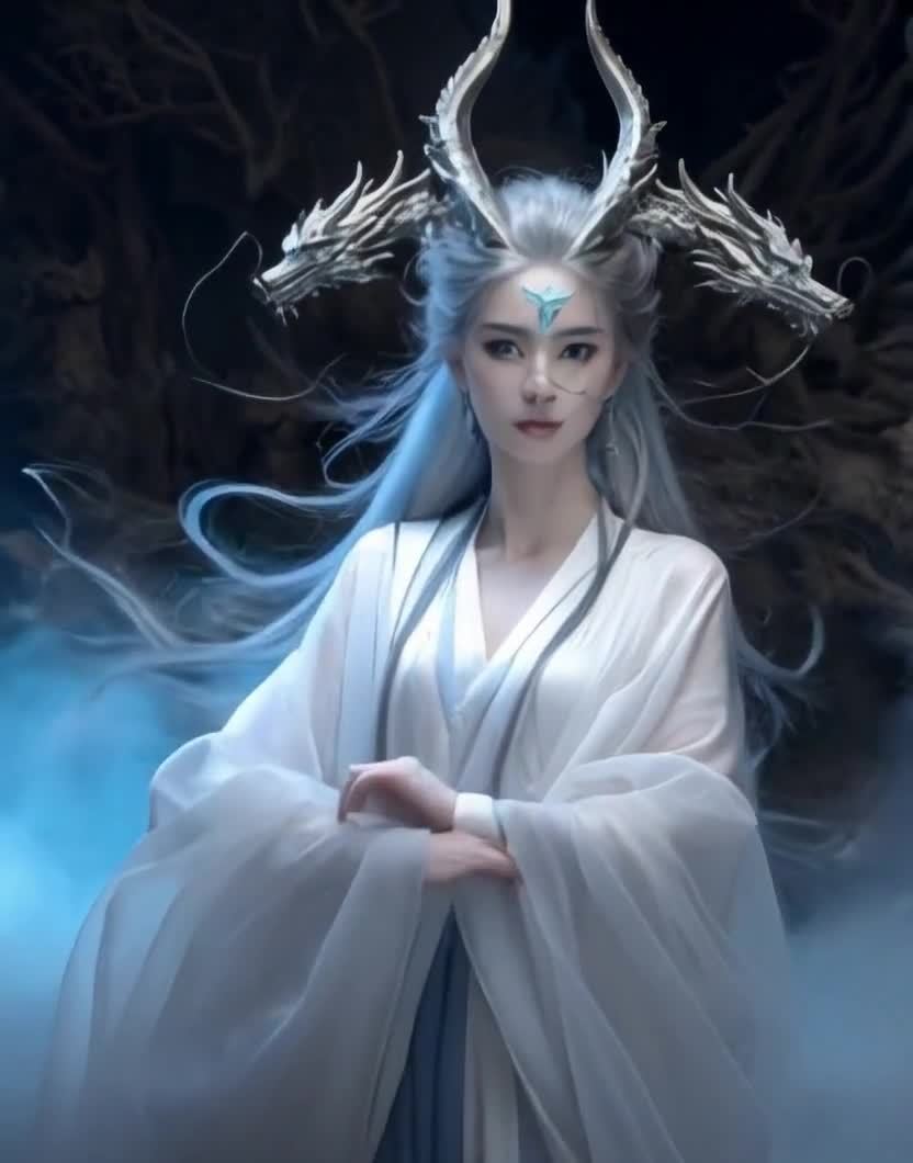 白衣女子龙角头饰立于迷雾之中，目光凝视前方。