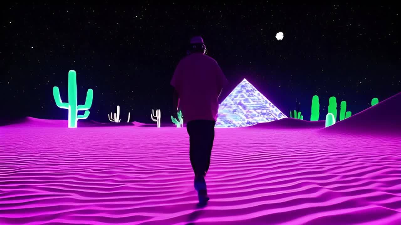 在迷人的霓虹灯沙漠幻境中，一位引人注目的说唱歌手踏
