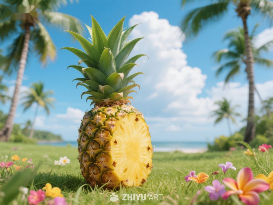 热带海滩上的菠萝与鲜花 378