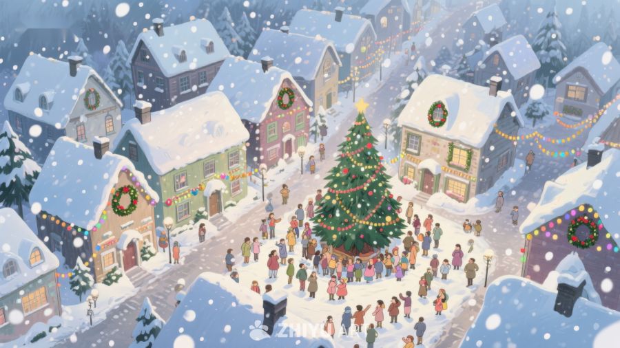 雪夜小镇的圣诞树庆典 346