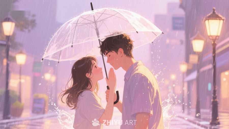 雨中情侣共撑伞温馨瞬间 663