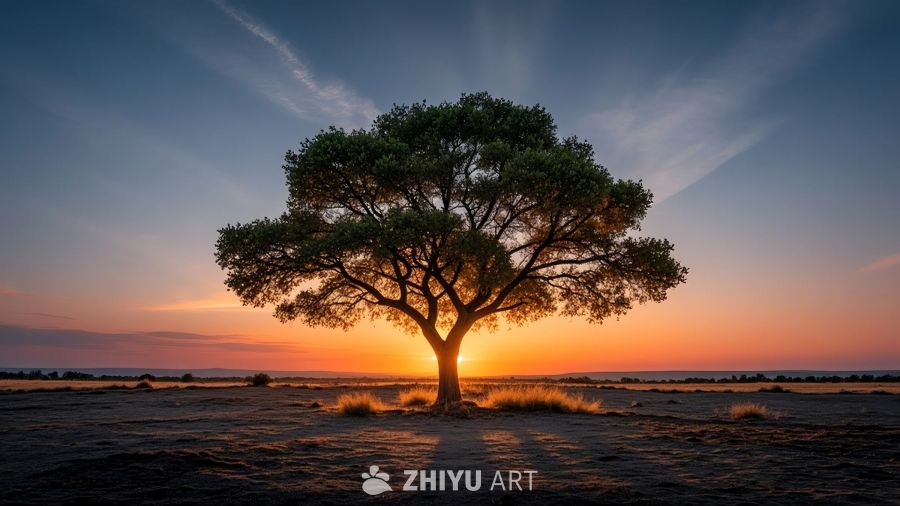 金色夕阳下的孤树剪影 3