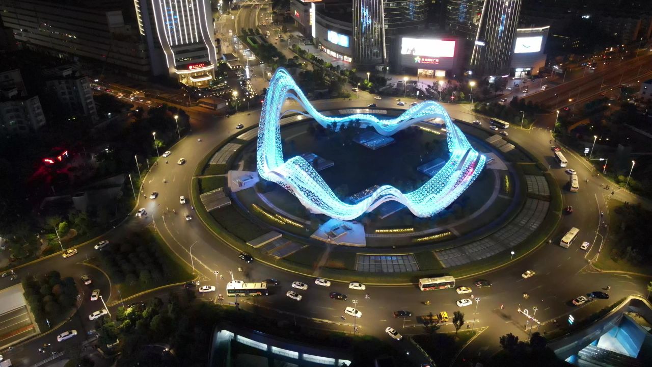 湖北武汉光谷广场夜景交通转盘航拍