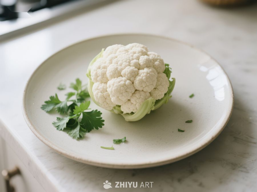 新鲜花椰菜置于白色盘中 448