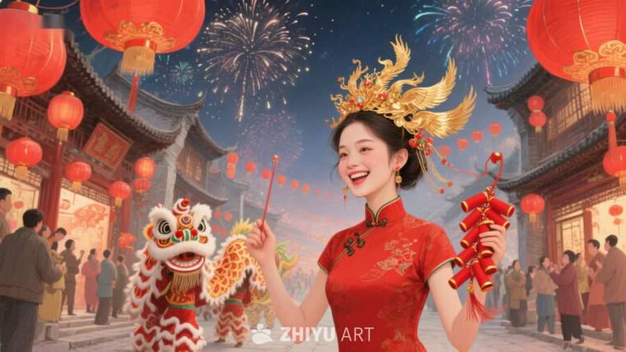欢庆春节，传统服饰与舞狮表演 341