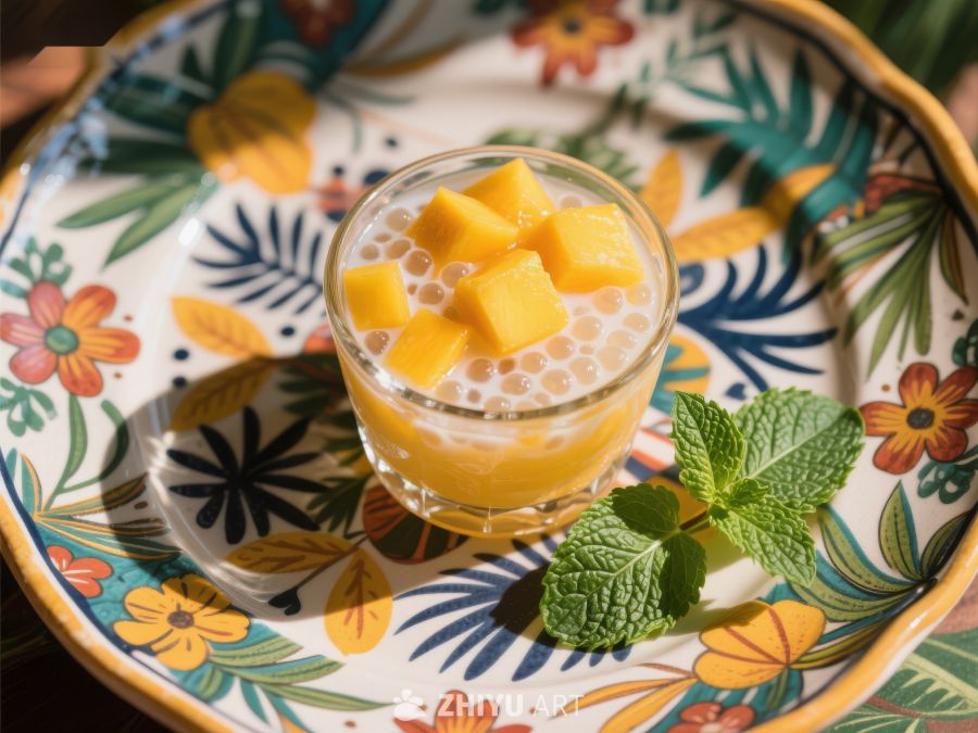 芒果西米露配薄荷叶