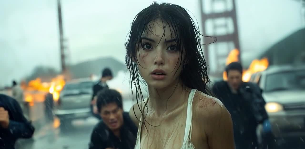 金门大桥在雾气中若隐若现，天空正在下着雨。一位女性