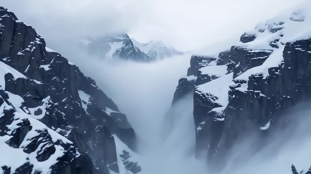 雪和暴风雨中的山景。雪花在风中盘旋，营造出模糊、空