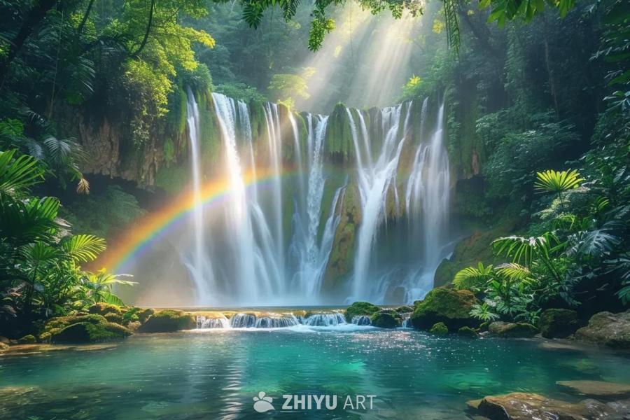 丛林中，一道瀑布倾泻而下，周围环绕着翠绿的树叶和奇
